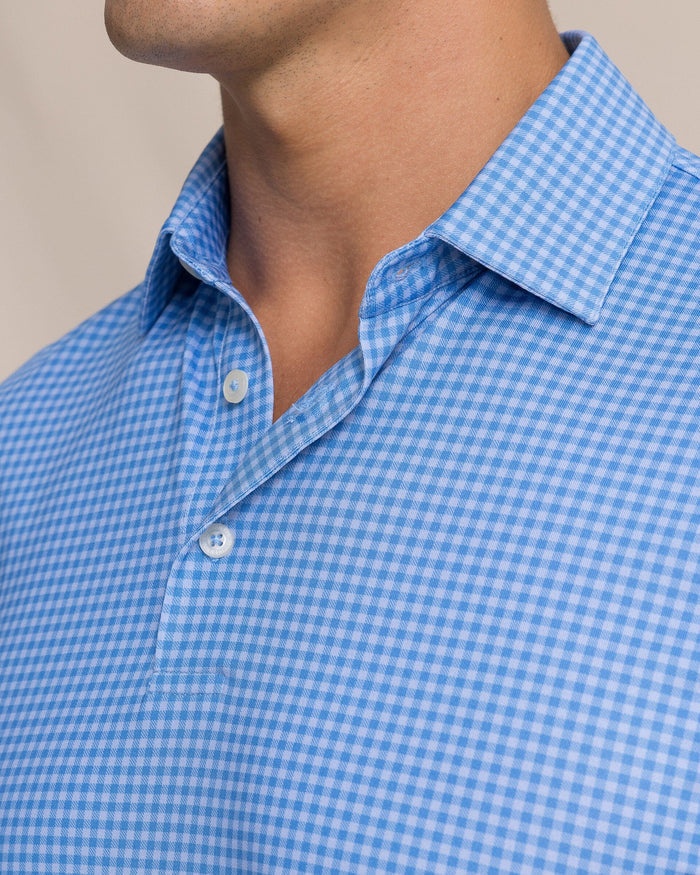 The detail view of the Southern Tide Driver Island View Gingham Printed Polo by Southern Tide - Blue Stream