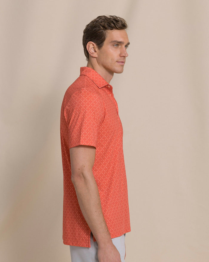 The side view of the Southern Tide Driver Lobster Printed Polo by Southern Tide - Burnt Sienna