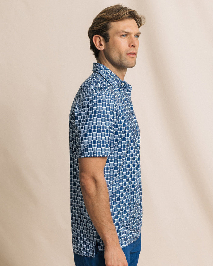 The side view of the Southern Tide Driver Ocean Echo Printed Polo by Southern Tide - Nautical Blue