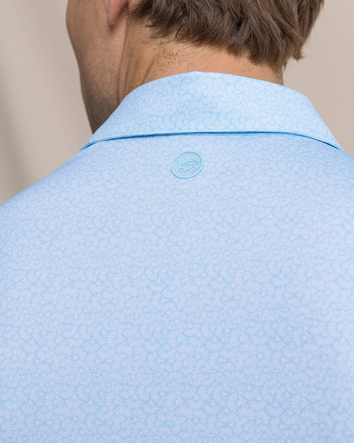 The detail view of the Southern Tide Driver Paradise Shores Printed Polo by Southern Tide - Tropical Breeze Blue