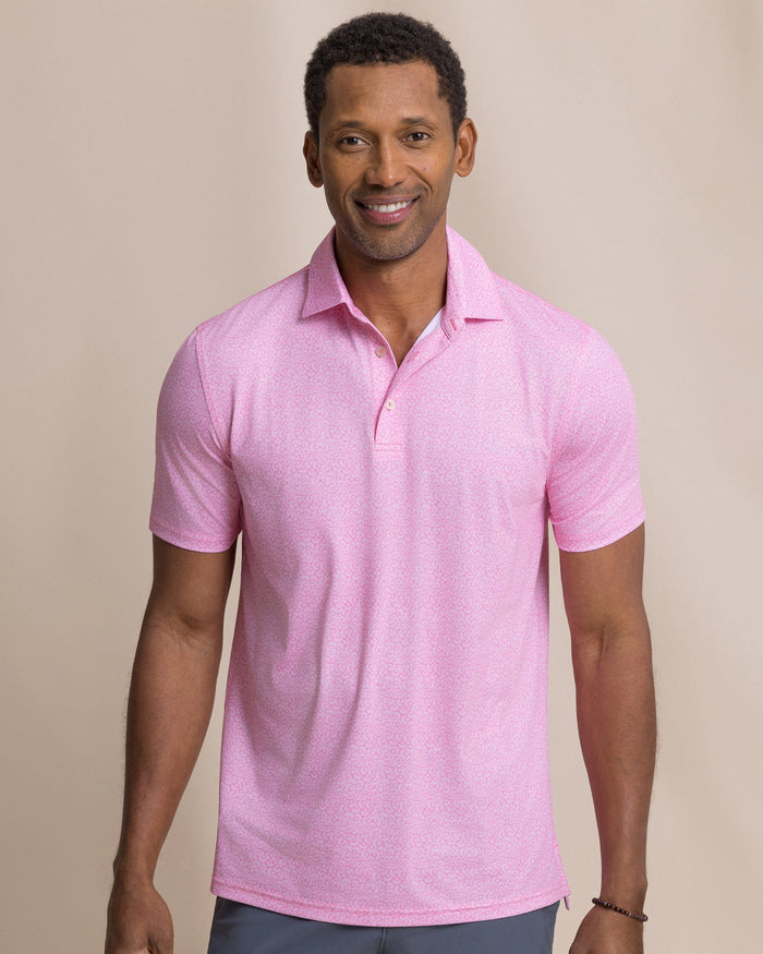 The front view of the Southern Tide Driver Paradise Shores Printed Polo by Southern Tide - Orchid Pink