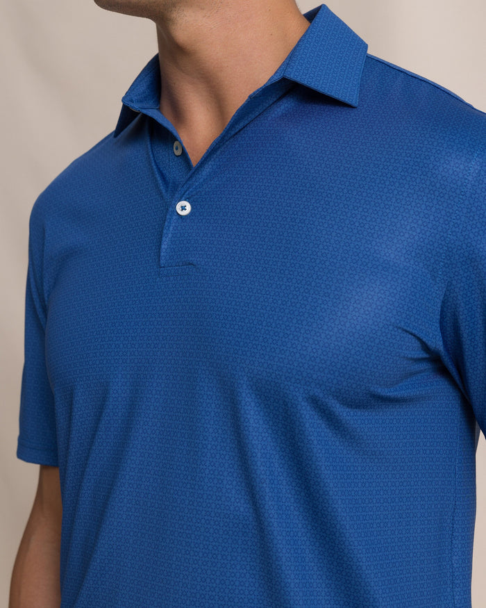 The detail view of the Southern Tide Driver Seaside Geo Printed Polo by Southern Tide - Nautical Blue