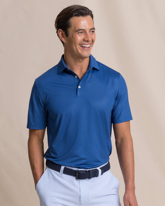 The front view of the Southern Tide Driver Seaside Geo Printed Polo by Southern Tide - Nautical Blue