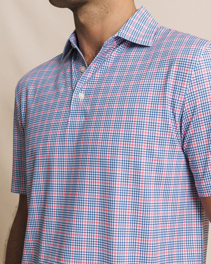 The detail view of the Southern Tide Driver Surfside Retreat Plaid Polo by Southern Tide - Island Pink