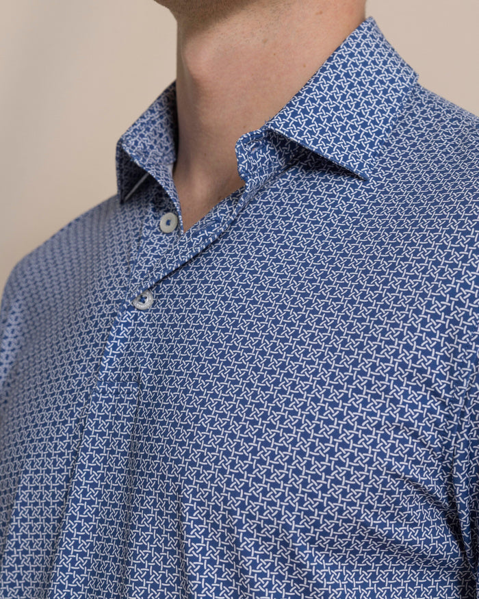 The detail view of the Southern Tide Driver Weaving Around Printed Polo by Southern Tide - Nautical Blue