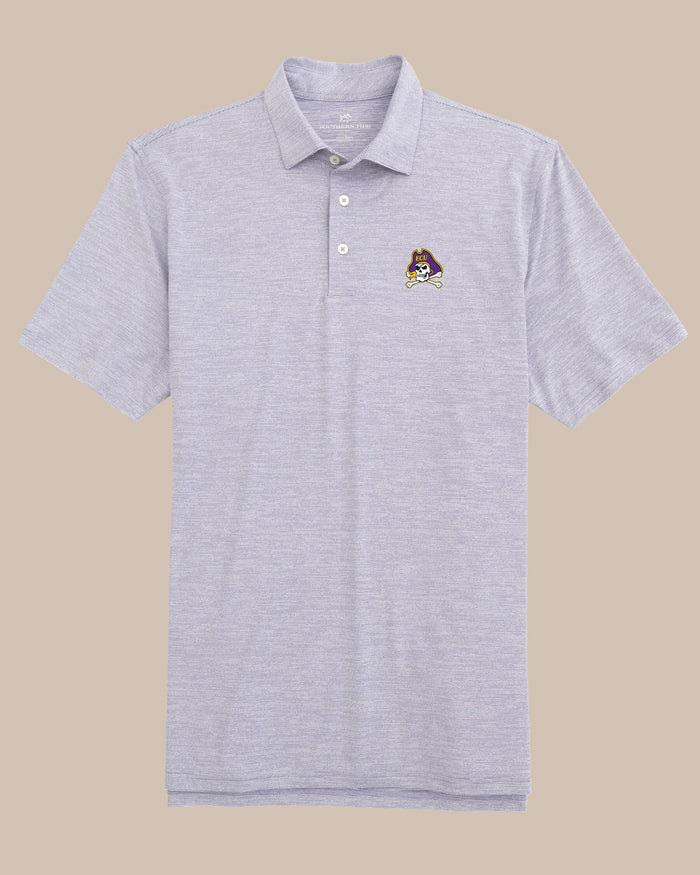 The front of the Men's East Carolina Driver Spacedye Polo Shirt by Southern Tide - Regal Purple