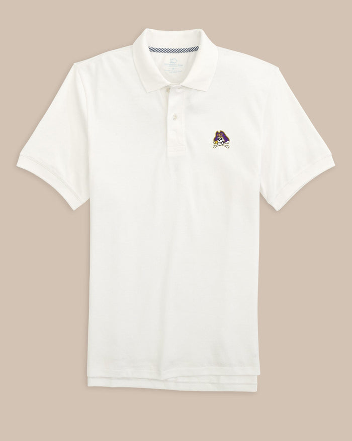 The front view of the East Carolina Pirates Skipjack Polo by Southern Tide - Classic White