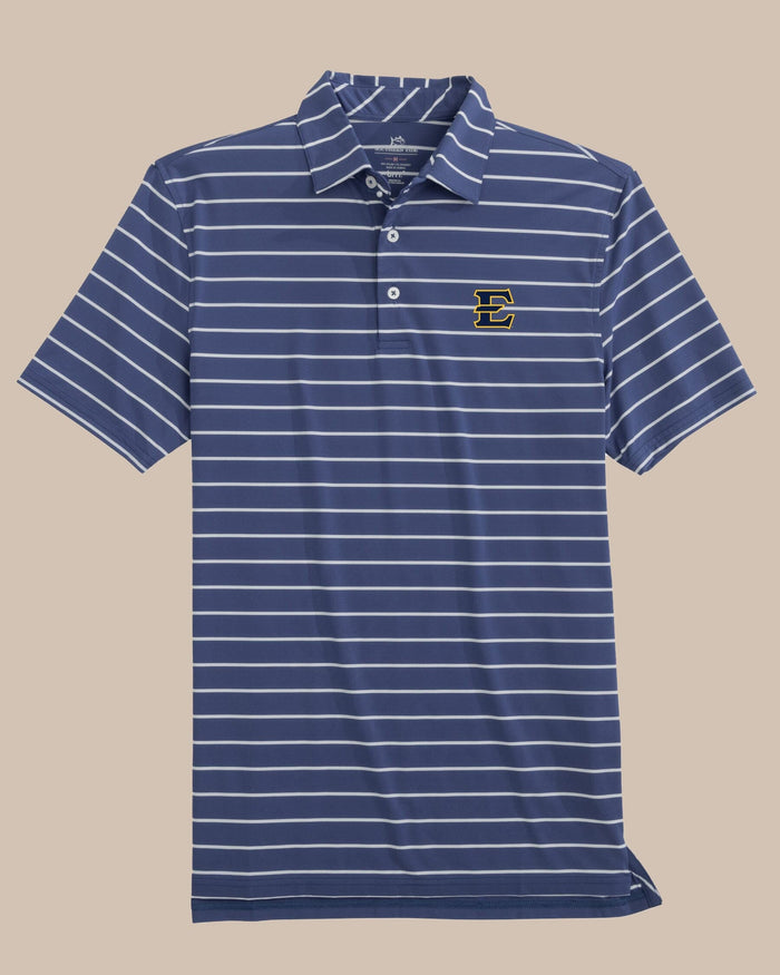 The front view of the Southern Tide East Tennessee brrr°®-eeze Desmond Stripe Polo by Southern Tide - Navy