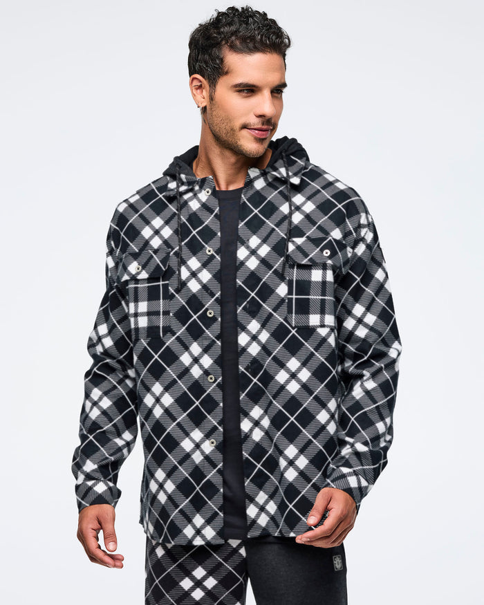 Black/White # Eastern Flavor Flannel Shacket With Hood