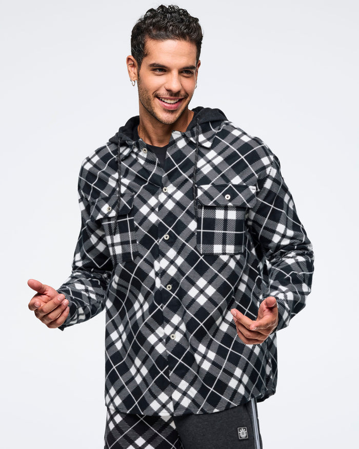 Black/White # Eastern Flavor Flannel Shacket With Hood