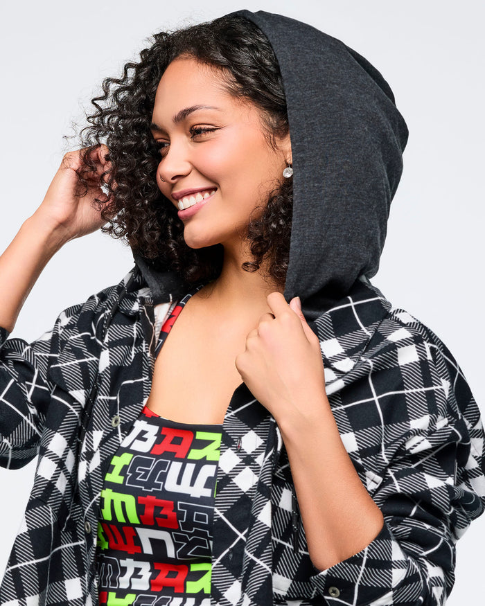 Black/White # Eastern Flavor Flannel Shacket With Hood