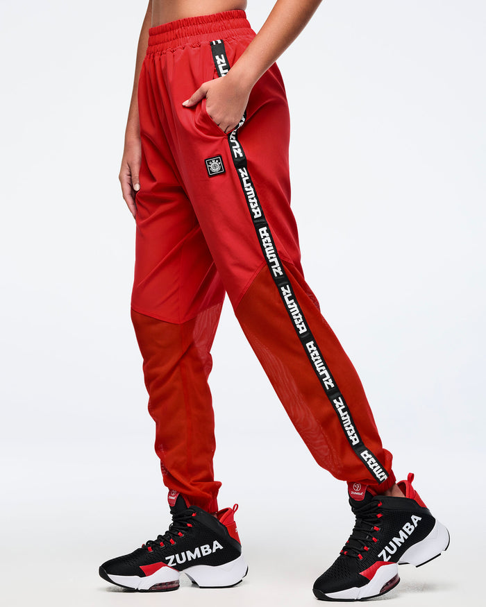 Fuego Red # Eastern Flavor High Waisted Woven Track Pants With Mesh