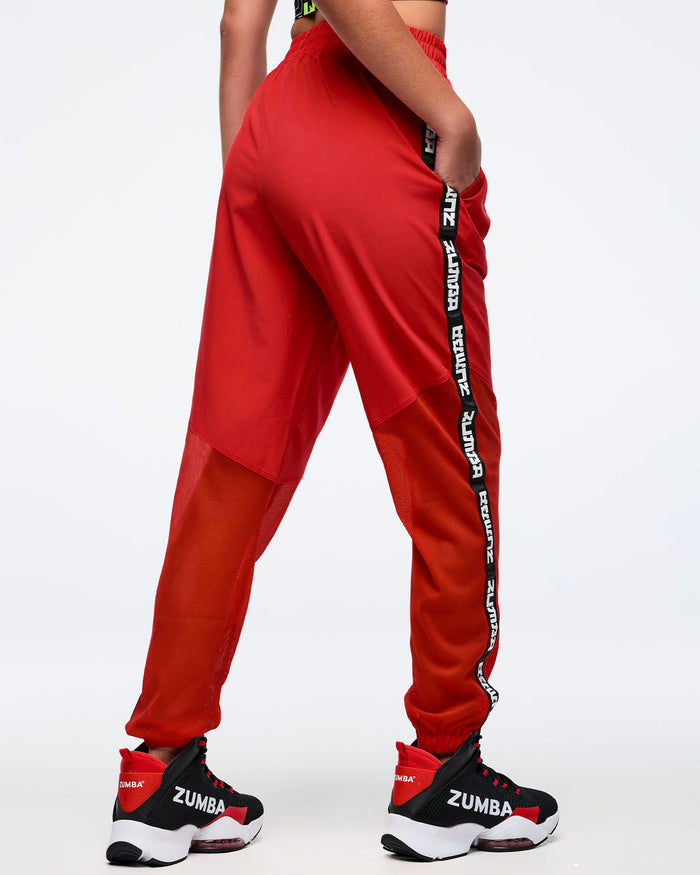 Fuego Red # Eastern Flavor High Waisted Woven Track Pants With Mesh