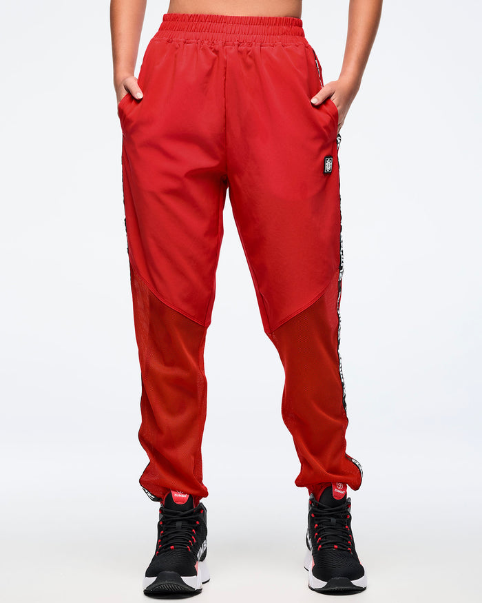 Fuego Red # Eastern Flavor High Waisted Woven Track Pants With Mesh