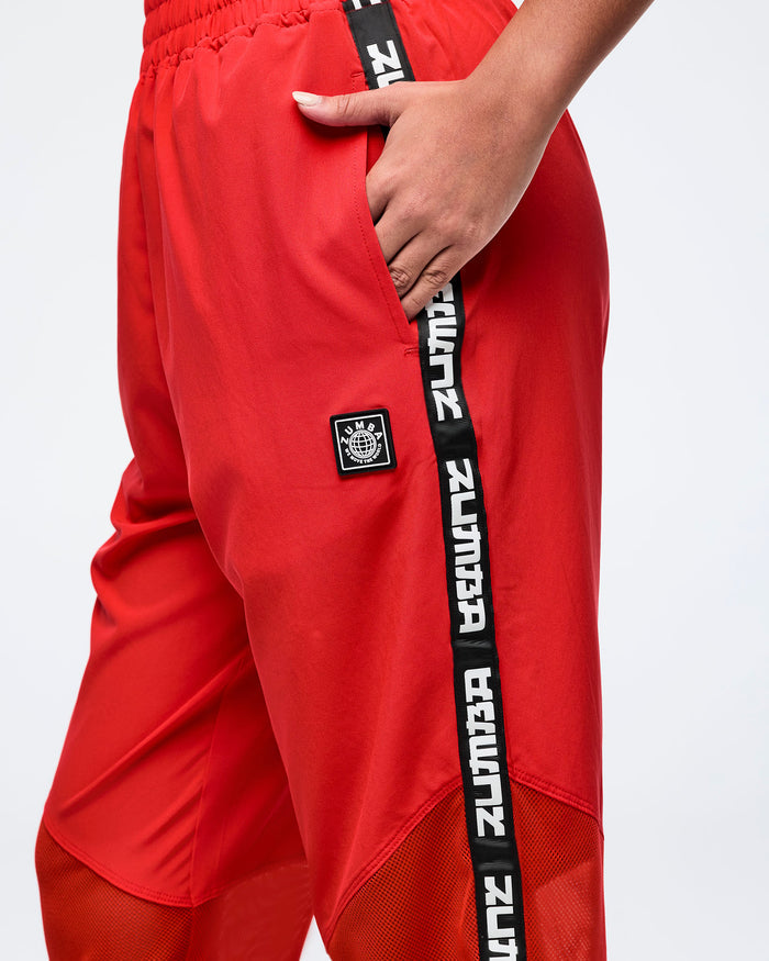 Fuego Red # Eastern Flavor High Waisted Woven Track Pants With Mesh