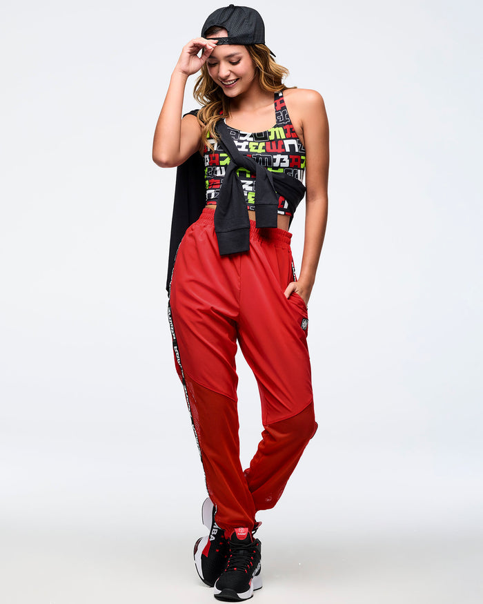 Fuego Red # Eastern Flavor High Waisted Woven Track Pants With Mesh