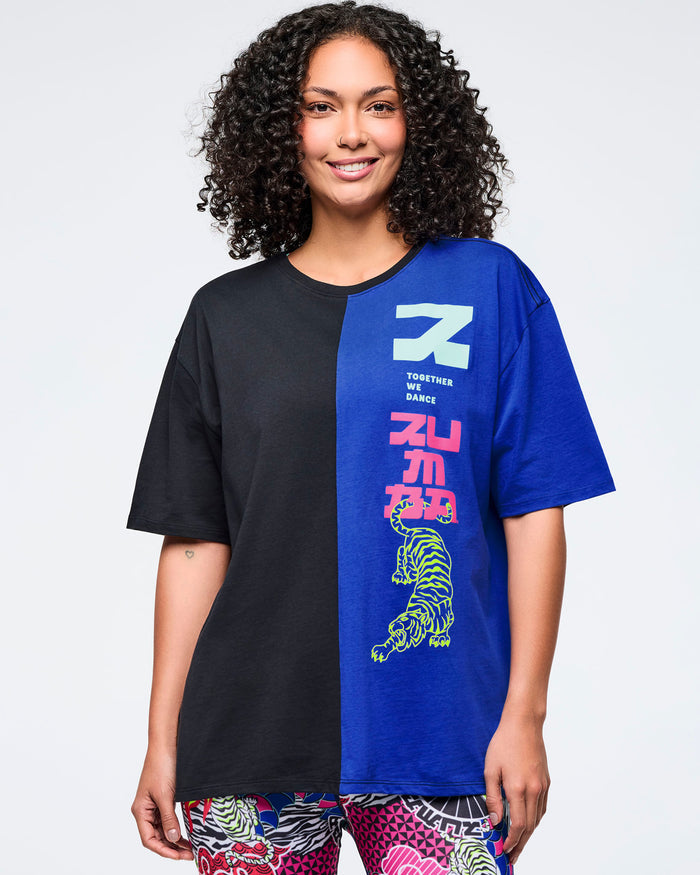Bold Black # Eastern Flavor Men's Oversized Two-Tone Crew Neck Tee
