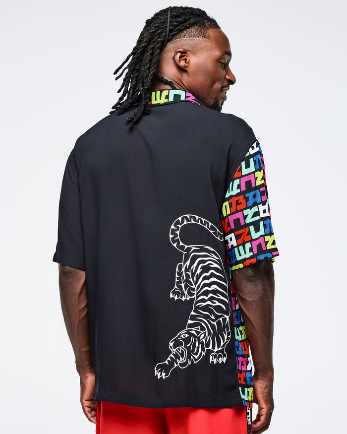 Black/Pink # Eastern Flavor Men's Short Sleeve Button Up