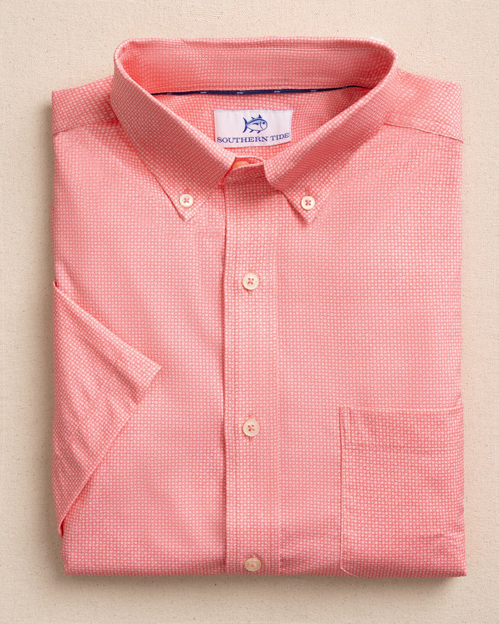 The front view of the Southern Tide Eastport Heather brrr°® Intercoastal Short Sleeve Sport Shirt by Southern Tide - Sunkist Coral