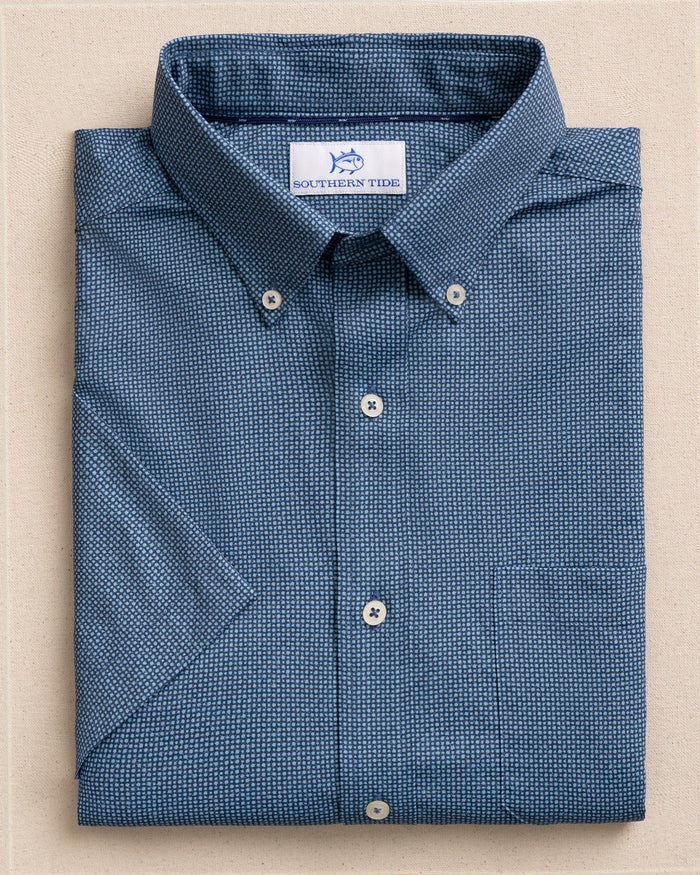 The front view of the Southern Tide Eastport Heather brrr°® Intercoastal Short Sleeve Sport Shirt by Southern Tide - Dress Blue
