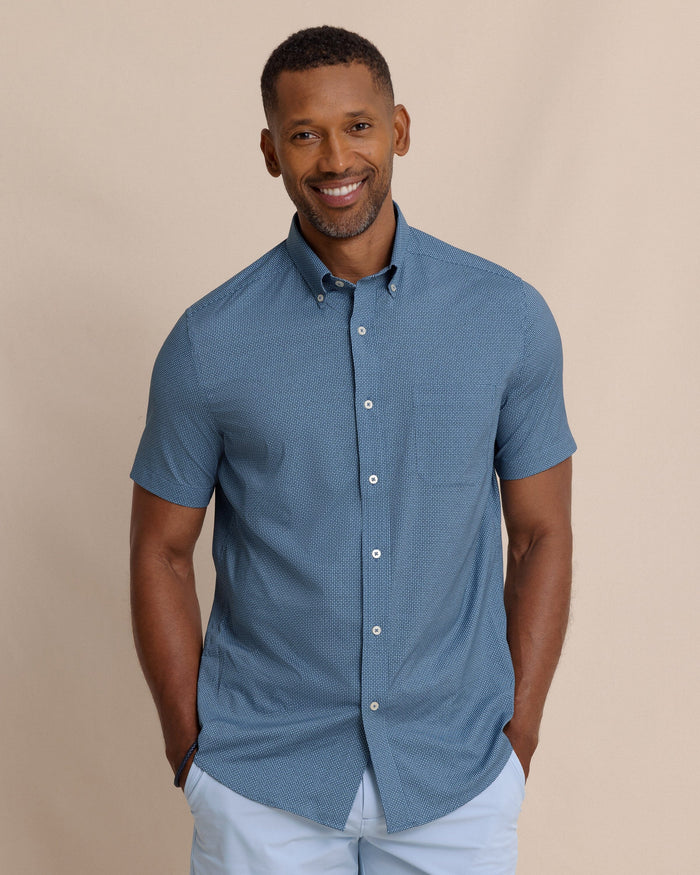 The front view of the Southern Tide Eastport Heather brrr°® Intercoastal Short Sleeve Sport Shirt by Southern Tide - Dress Blue