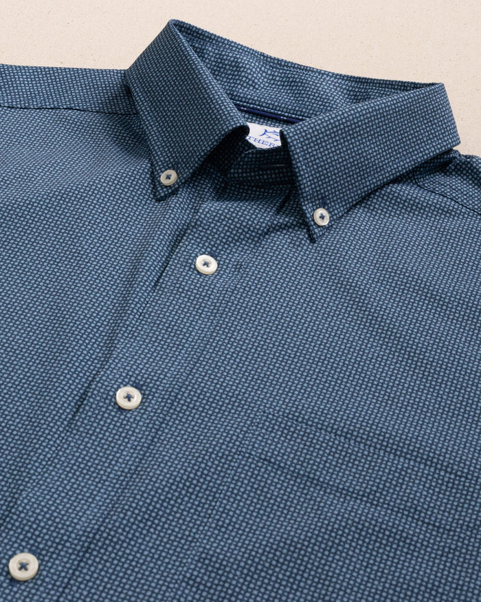 The detail view of the Southern Tide Eastport Heather brrr°® Intercoastal Short Sleeve Sport Shirt by Southern Tide - Dress Blue