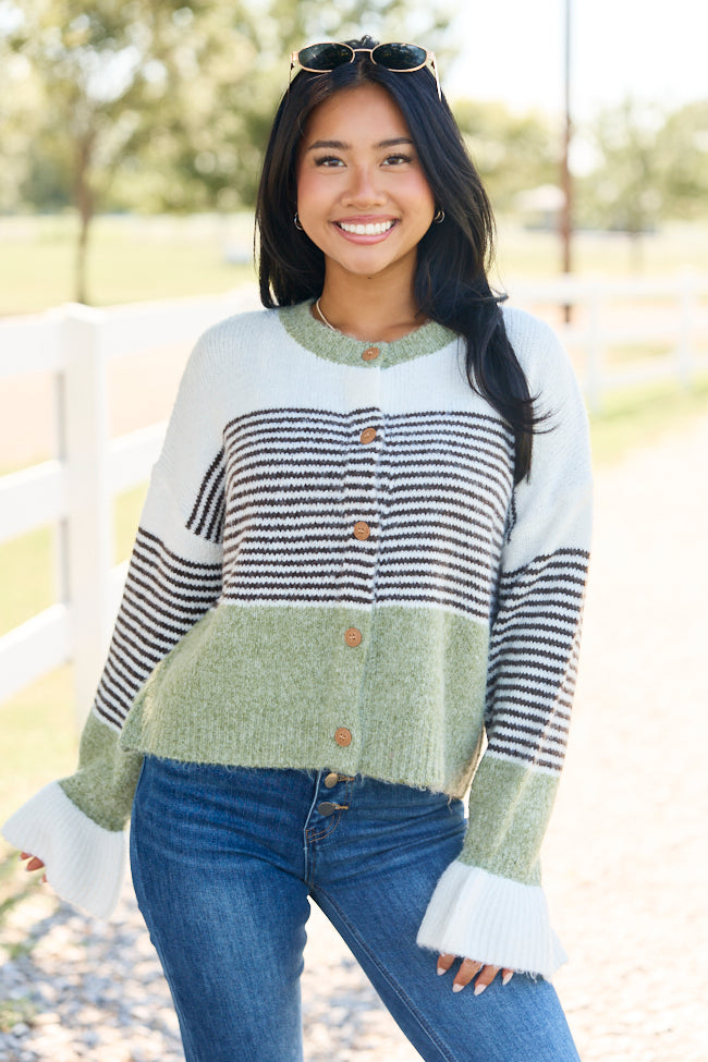 Easy On The Eyes Sage Striped Colorblock Cardigan