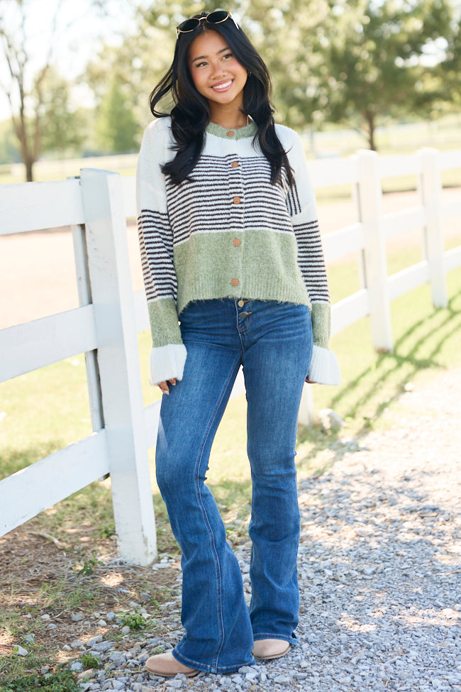 Easy On The Eyes Sage Striped Colorblock Cardigan