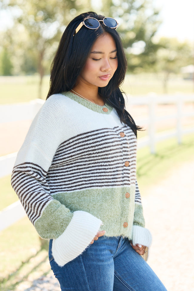 Easy On The Eyes Sage Striped Colorblock Cardigan