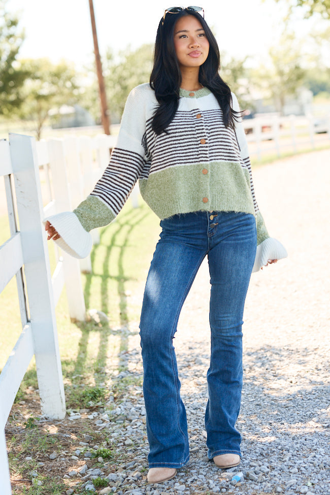Easy On The Eyes Sage Striped Colorblock Cardigan