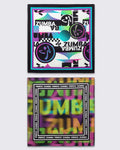 Two square bandanas: one white with a purple, aqua, and black retro Zumba print, and one with a colorful halftone blurred "ZUMBA" text.