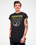 Male model wearing a black cap-sleeve tee with a yellow-to-white gradient "ZUMBA" logo and Zumbito graphic.