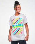Female model wearing a white tee with a colorful lightning bolt-striped print, and aqua and green "ZUMBA" text in the middle.