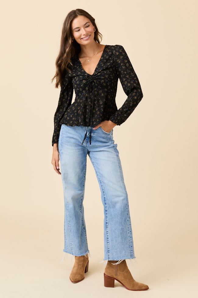 Ella Black Floral Ruched V-neck Blouse FINAL SALE