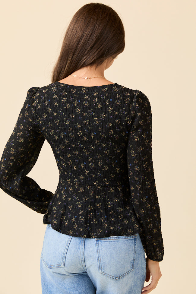 Ella Black Floral Ruched V-neck Blouse FINAL SALE