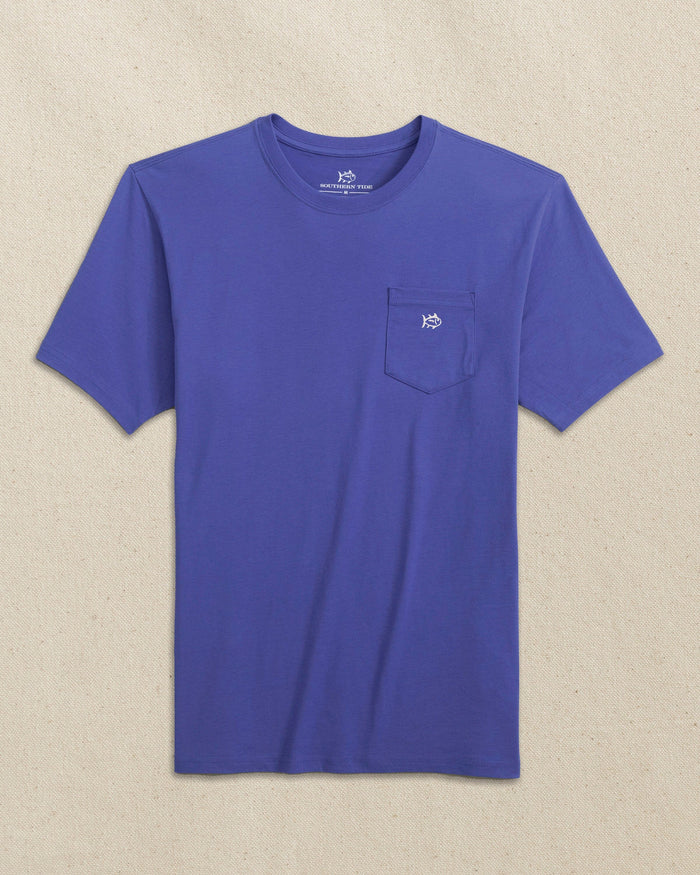 The front view of the Southern Tide Embroidered Skipjack Short Sleeve T-Shirt by Southern Tide - Blue and White