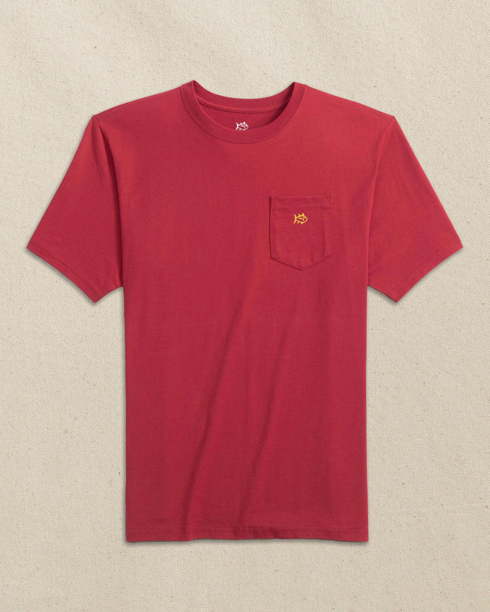 The front view of the Southern Tide Embroidered Skipjack Short Sleeve T-Shirt by Southern Tide - Crimson and Gold
