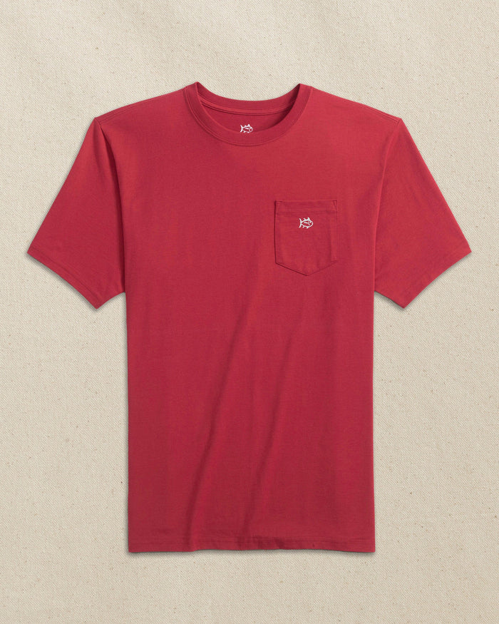 The front view of the Southern Tide Embroidered Skipjack Short Sleeve T-Shirt by Southern Tide - Crimson and White