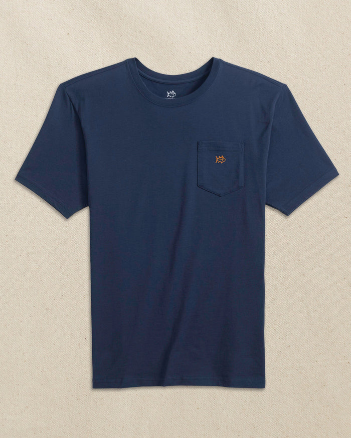The front view of the Southern Tide Embroidered Skipjack Short Sleeve T-Shirt by Southern Tide - Navy and Orange