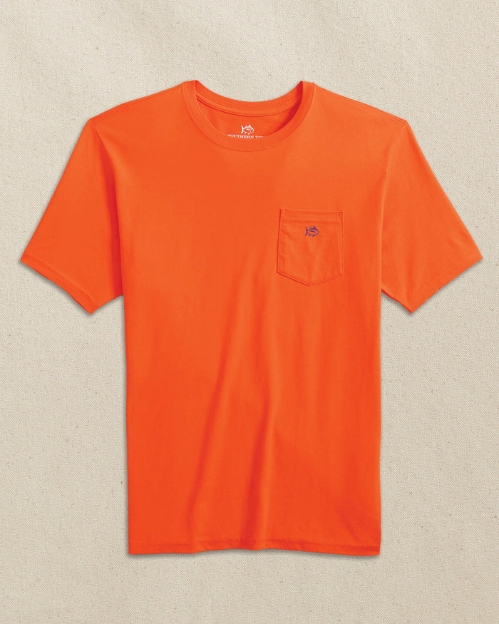 The front view of the Southern Tide Embroidered Skipjack Short Sleeve T-Shirt by Southern Tide - Orange and Purple