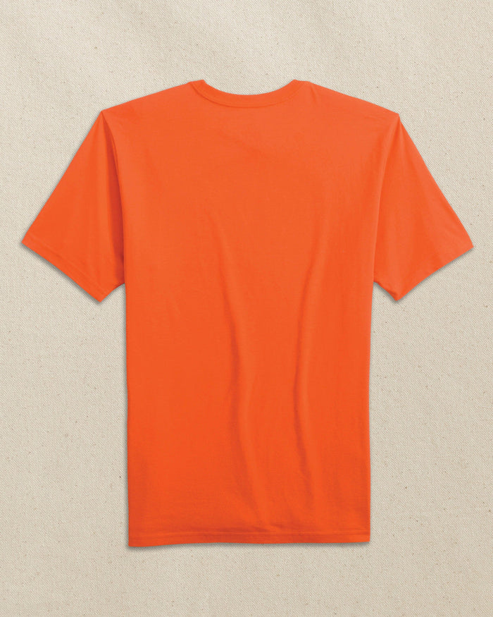 The back view of the Southern Tide Embroidered Skipjack Short Sleeve T-Shirt by Southern Tide - Orange and Purple