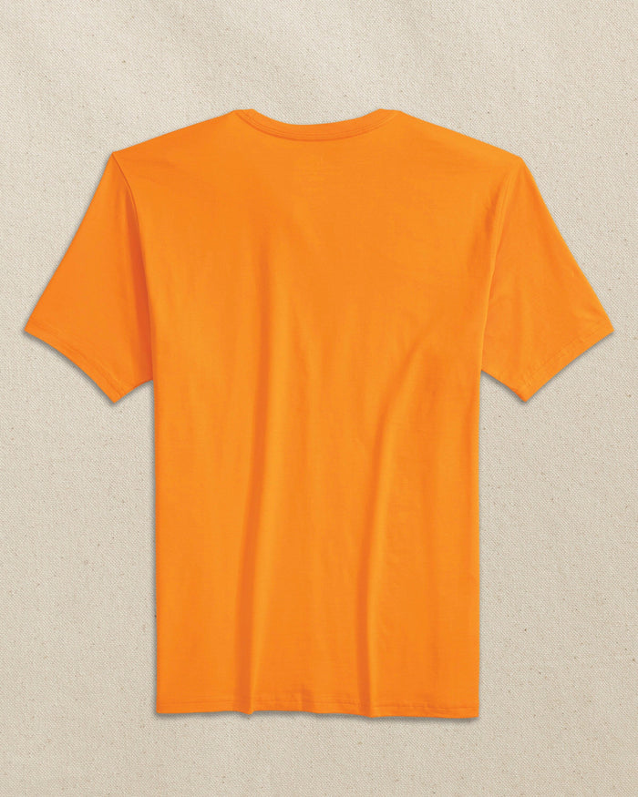 The back view of the Southern Tide Embroidered Skipjack Short Sleeve T-Shirt by Southern Tide - Orange and White