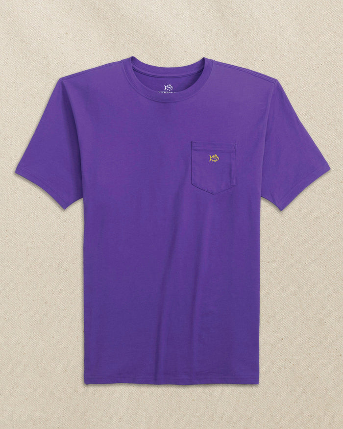 The front view of the Southern Tide Embroidered Skipjack Short Sleeve T-Shirt by Southern Tide - Purple and Yellow