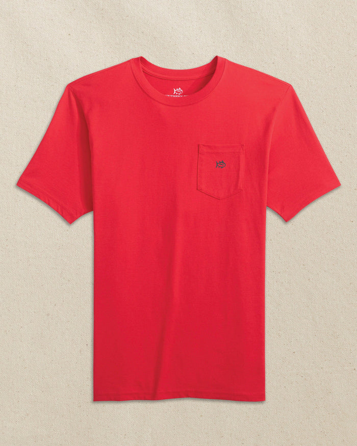 The front view of the Southern Tide Embroidered Skipjack Short Sleeve T-Shirt by Southern Tide - Red and Black