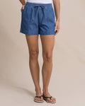 The front view of the Southern Tide Emilia Denim Woven Short by Southern Tide - Medium Wash Indigo