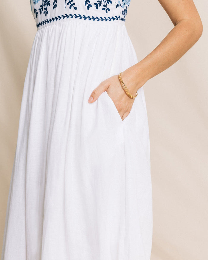 The detail view of the Southern Tide Erilyn Embroidered Midi Dress by Southern Tide - Classic White