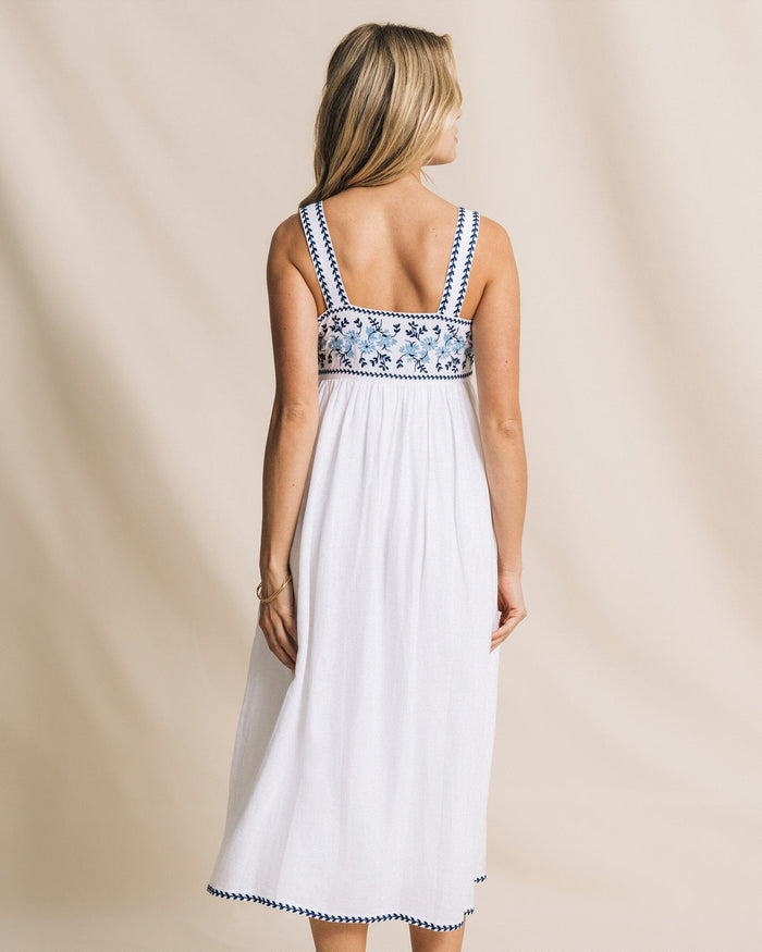 The back view of the Southern Tide Erilyn Embroidered Midi Dress by Southern Tide - Classic White