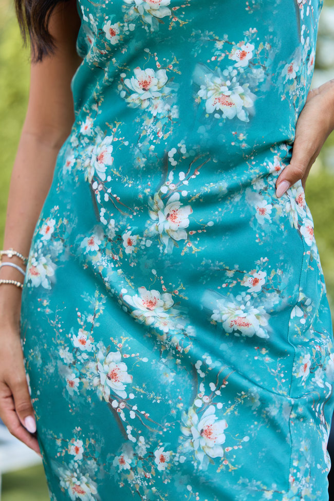 Evergreen Romance Green Floral Satin Midi Dress