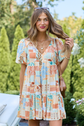 Falling Into Place Taupe Patchwork Mini Dress