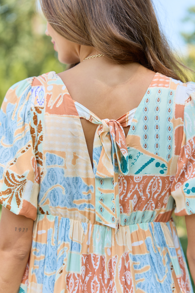 Falling Into Place Taupe Patchwork Mini Dress